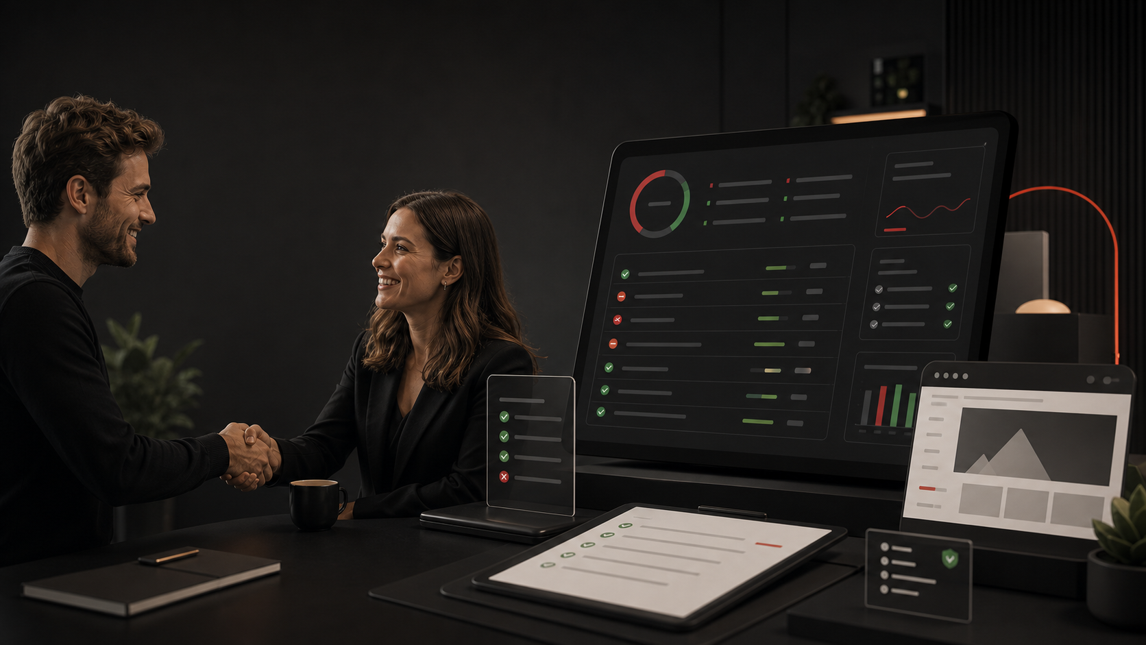 Two people shaking hands beside a launch-readiness report dashboard.